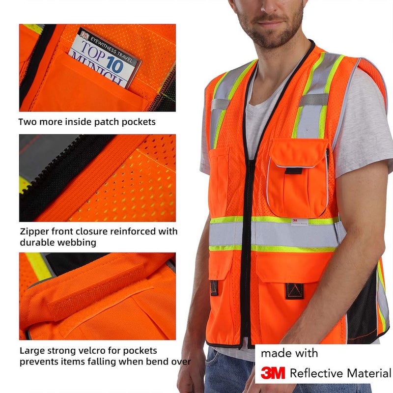 Dib Safety Reflective Vest Orange Mesh, High Visibility Vest with Pockets and Zipper, ANSI Class 2 Heavy Duty, Made with 3M Reflective Tape XL - Image 3